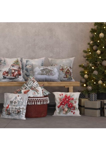 Belıeve Kırmızı Çiçekli Yılbaşı Süsleri Jakarlı Dokuma Goblen Dekoratif Simli Kırlent 45*45 indirimleri