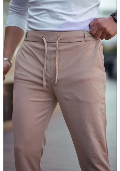 Erkek Diagonel Mikro Dokulu Cepli Beli Lastilki Pantolon - Kahverengi modelleri