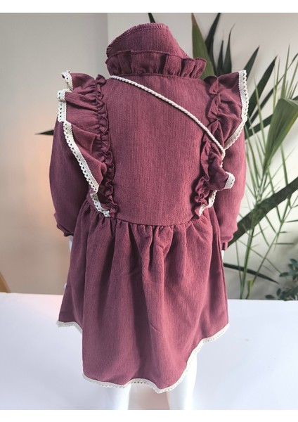 Uzun Kollu Dantel Detaylı Vintage Fitilli Kadife Çantalı Kız Çocuk Elbisesi fırsatları