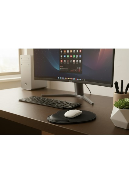 Bilek Destekli Mousepad - Dikişli Kaymaz Mouse Ped - Fare Pedi Kahverengi Mouse Pedi - Dikişli Oval Mouse Altlığı