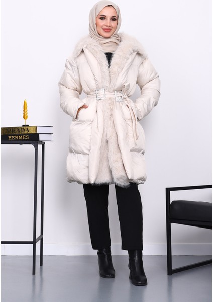 Taş Yaka Kürklü Kemer Detaylı Şişme Mont fiyatları