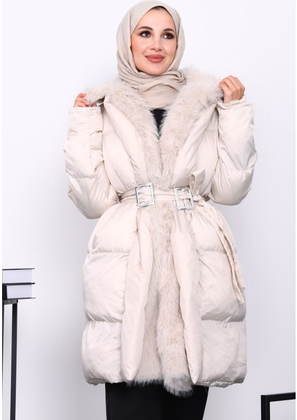 Taş Yaka Kürklü Kemer Detaylı Şişme Mont modelleri