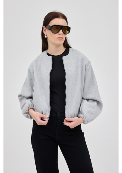 Gri Balon Kol Fermuarlı Astarlı Kısa Kadın Ceket 3053A fiyatları
