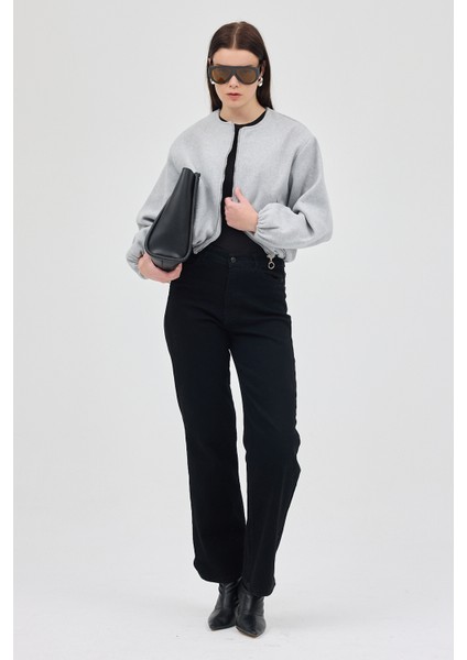 Gri Balon Kol Fermuarlı Astarlı Kısa Kadın Ceket 3053A fırsatları