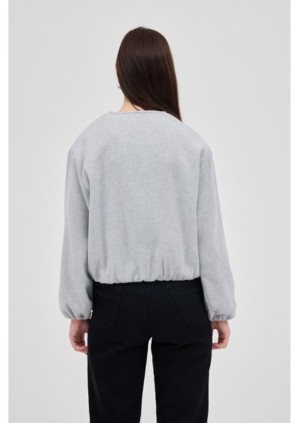 Gri Balon Kol Fermuarlı Astarlı Kısa Kadın Ceket 3053A