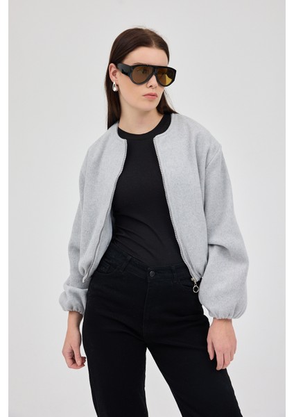 Gri Balon Kol Fermuarlı Astarlı Kısa Kadın Ceket 3053A