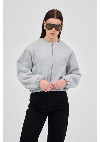 Gri Balon Kol Fermuarlı Astarlı Kısa Kadın Ceket 3053A