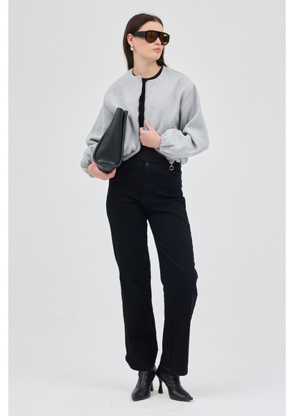 Gri Balon Kol Fermuarlı Astarlı Kısa Kadın Ceket 3053A