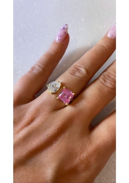 Ayarlanabilir Form Beyaz Damla Pembe Kare Taşlı Yüzük 925 Ayar Gümüş