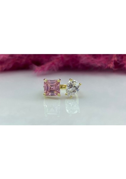 Ayarlanabilir Form Beyaz Damla Pembe Kare Taşlı Yüzük 925 Ayar Gümüş modelleri