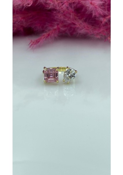 Ayarlanabilir Form Beyaz Damla Pembe Kare Taşlı Yüzük 925 Ayar Gümüş fırsatları