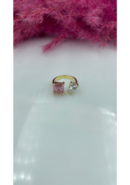 Ayarlanabilir Form Beyaz Damla Pembe Kare Taşlı Yüzük 925 Ayar Gümüş indirimleri
