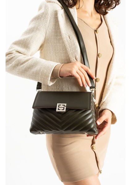 Asel Çanta,şık Tasarımlı haki Kadın Orta Boy Çapraz Çanta ,nakış ve Kapak Detaylı Omuz Çantası