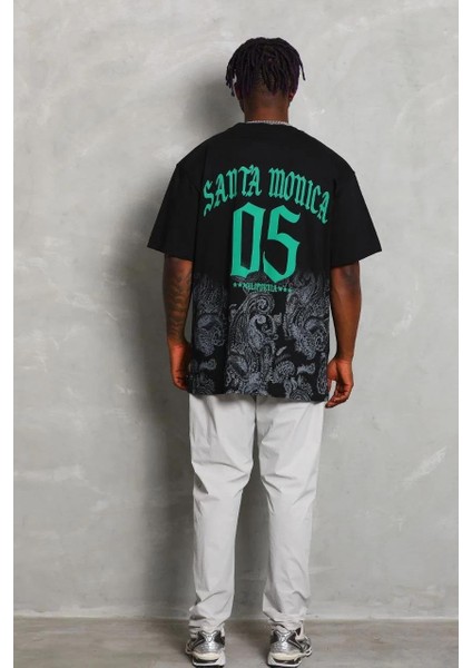 Unisex Oversize Baskılı Bisiklet Yaka T-Shirt - Siyah fırsatları