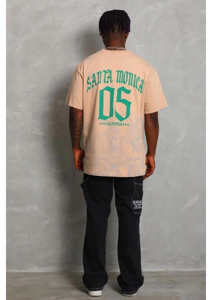 Unisex Oversize Baskılı Bisiklet Yaka T-Shirt - Bej fiyatları