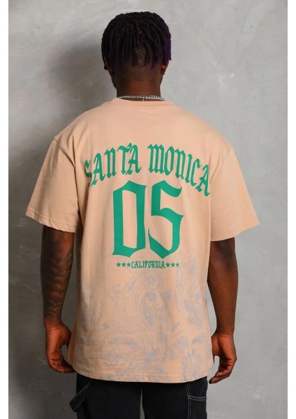 Unisex Oversize Baskılı Bisiklet Yaka T-Shirt - Bej indirimleri