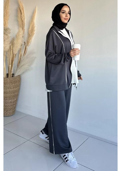 Ön Fermuarlı Şeritli Tunik Bel Lastikli Pantolon Tesettür Ikili Takım P-00018992
