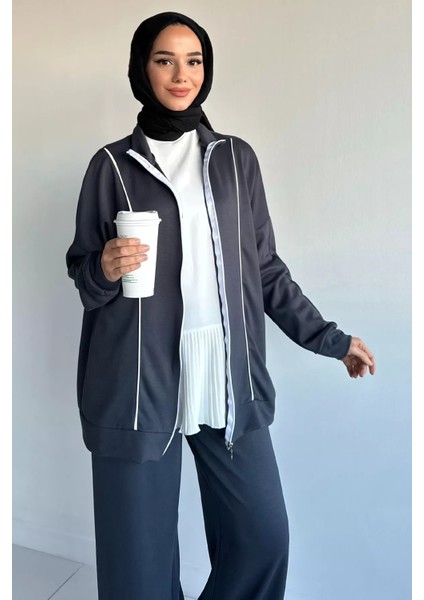 Ön Fermuarlı Şeritli Tunik Bel Lastikli Pantolon Tesettür Ikili Takım P-00018992 fiyatları