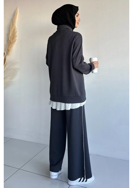Ön Fermuarlı Şeritli Tunik Bel Lastikli Pantolon Tesettür Ikili Takım P-00018992 modelleri