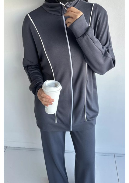 Ön Fermuarlı Şeritli Tunik Bel Lastikli Pantolon Tesettür Ikili Takım P-00018992 fırsatları