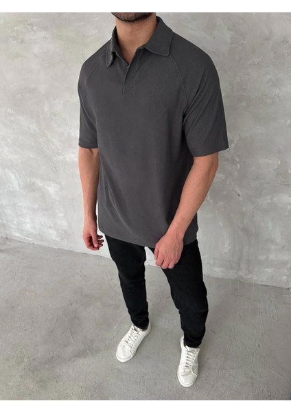 Yakalı Patlı Kısa Kol T-Shirt - Antrasit