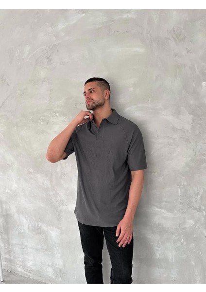 Yakalı Patlı Kısa Kol T-Shirt - Antrasit fiyatları