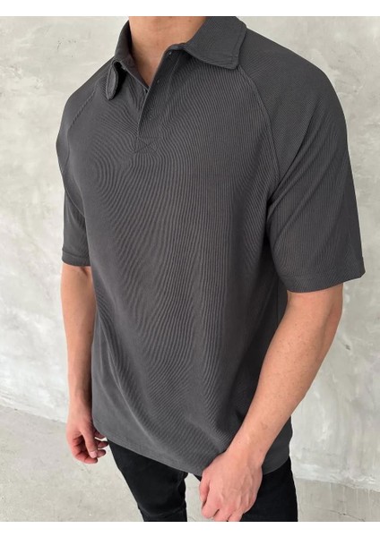 Yakalı Patlı Kısa Kol T-Shirt - Antrasit modelleri