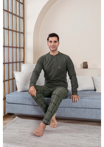 Erkek 3 Düğme Göğüs Cepli Kışlık Pamuklu Selanik Kumaş Uzun Manşetli Kol Cepli Pijama Takımı modelleri