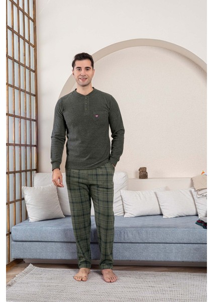 Erkek 3 Düğme Göğüs Cepli Kışlık Pamuklu Selanik Kumaş Uzun Manşetli Kol Cepli Pijama Takımı fırsatları