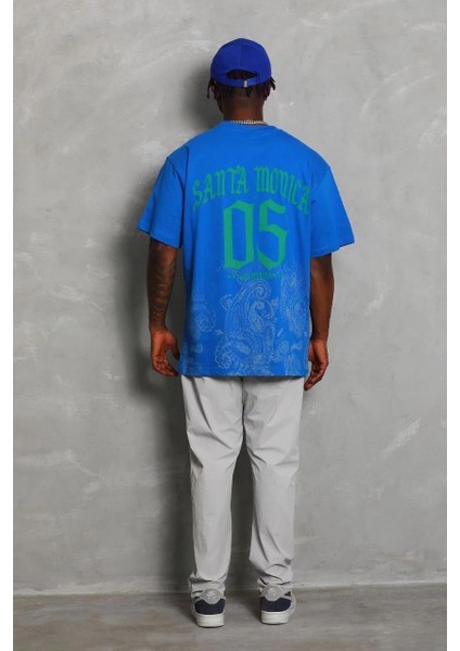 Unisex Oversize Baskılı Bisiklet Yaka T-Shirt - Mavi fırsatları