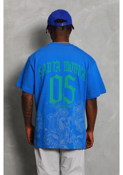 Unisex Oversize Baskılı Bisiklet Yaka T-Shirt - Mavi indirimleri