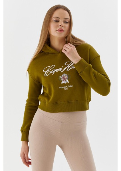 Kapüşonlu Kısa Sweatshirt Olıve