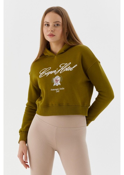 Kapüşonlu Kısa Sweatshirt Olıve fiyatları