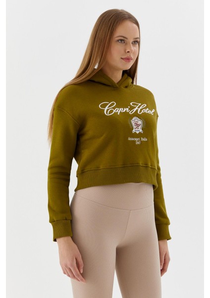 Kapüşonlu Kısa Sweatshirt Olıve fırsatları