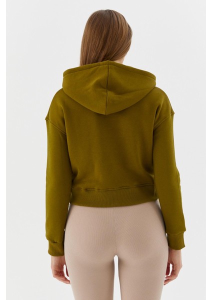 Kapüşonlu Kısa Sweatshirt Olıve indirimleri