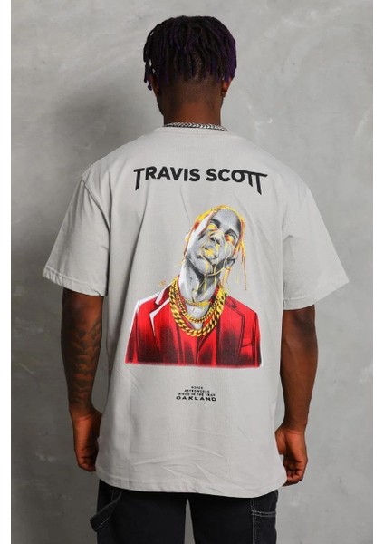 Unisex Oversize Baskılı Bisiklet Yaka T-Shirt - Gri indirimleri