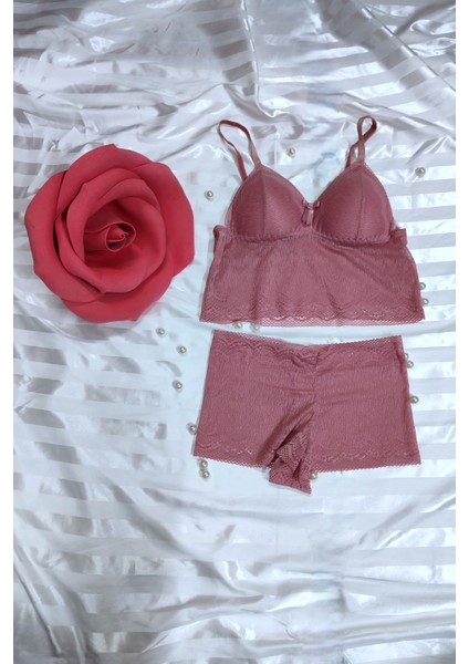 Bordo Büstiyer Boxer Iç Çamaşır Takımı Dantel Desenli Light Pad Telsiz Yumuşak Pedli