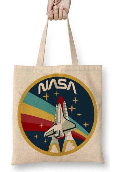 Nasa Rocket Logo Beyaz Bez Çanta Uzun Saplı Alışveriş Çantası Plaj Çantası
