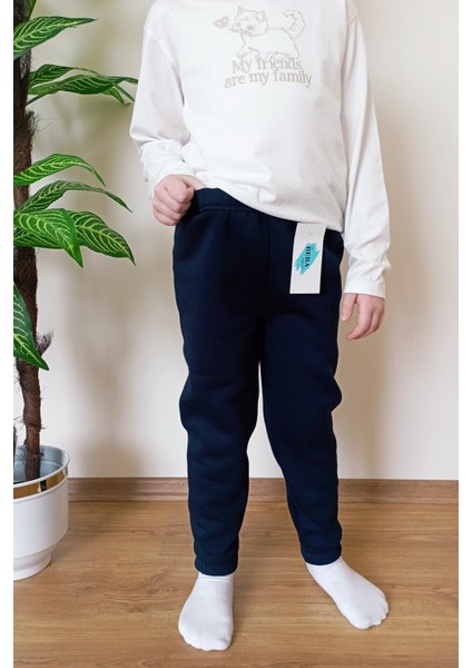 Çocuk Lacivert 3 Iplik Şardonlu Paçası Lastikli Eşofman Altı