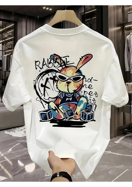 Güneş Gözlüğü Grafikli Karikatür Tavşan Oversize Kısa Kollu Tişört Çift Tişört, Ilkbahar ve Yaz - Beyaz