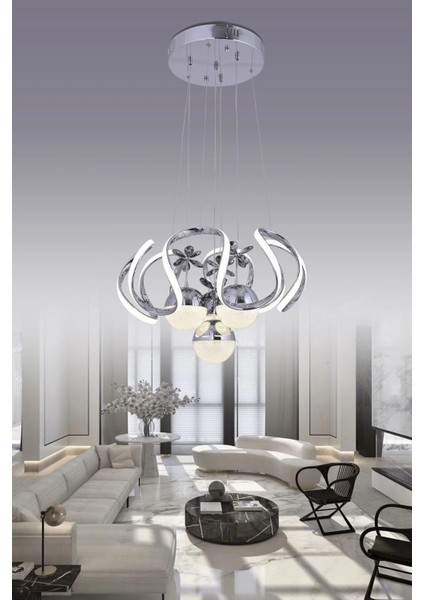 Heracles 3 Renk Gümüş ( Sarı Beyaz ve Gün Işığı ) Luxury LED Kristal Taşlı Avize