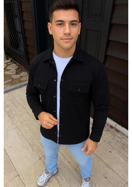 Erkek Diagonal Kumaş Cepli Çıtçıtlı Uzun Kollu, Gömlek Oversize Rahat Kalıp Günlük Şık Stil - Siyah