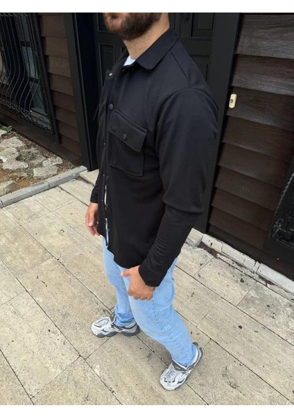 Erkek Diagonal Kumaş Cepli Çıtçıtlı Uzun Kollu, Gömlek Oversize Rahat Kalıp Günlük Şık Stil - Siyah modelleri