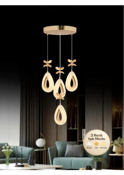 Damla Model 4'lü Gold 3 Renk Modu Ledli Kristal Taşlı Modern Salon Mutfak Oturma Odası LED Avize
