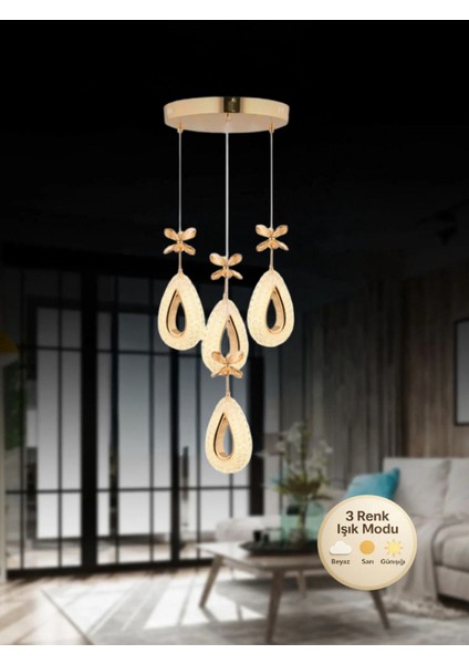 Damla Model 4'lü Gold 3 Renk Modu Ledli Kristal Taşlı Modern Salon Mutfak Oturma Odası LED Avize