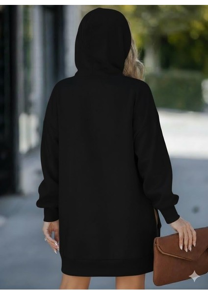 Kadın Oversize Kapüşonlu Sweatshirt Yan Fermuar Detaylı Uzun Kollu Siyah Tunik modelleri