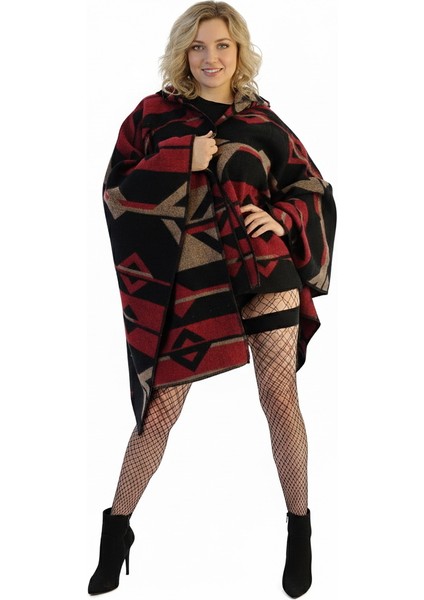 Kırmızı Bej Siyah Etnik Desenli Yünlü Sıcak Tutan Kapüşonlu Unisex Kampçı Panço Kışlık Şal