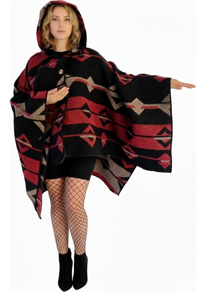 Kırmızı Bej Siyah Etnik Desenli Yünlü Sıcak Tutan Kapüşonlu Unisex Kampçı Panço Kışlık Şal fiyatları