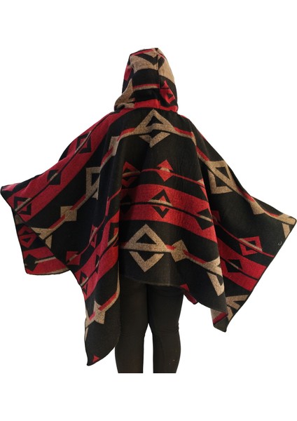 Kırmızı Bej Siyah Etnik Desenli Yünlü Sıcak Tutan Kapüşonlu Unisex Kampçı Panço Kışlık Şal modelleri