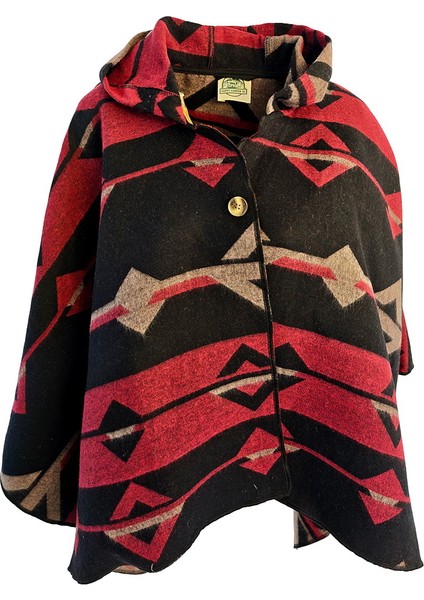 Kırmızı Bej Siyah Etnik Desenli Yünlü Sıcak Tutan Kapüşonlu Unisex Kampçı Panço Kışlık Şal fırsatları